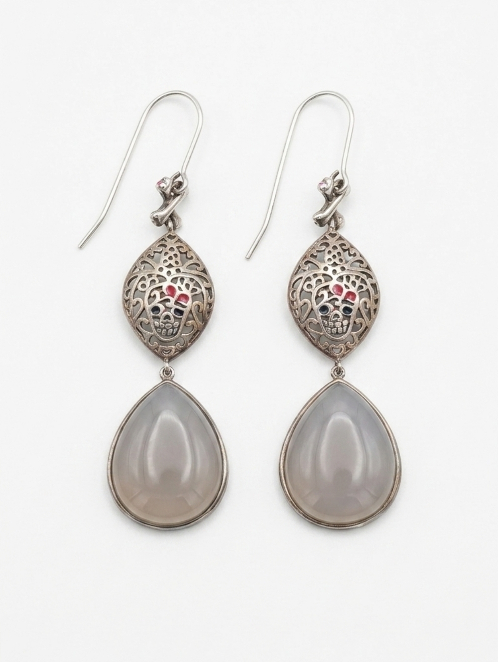 ​Boho Day of the Dead Calavera Filigree Earrings Grey Stone Dangle